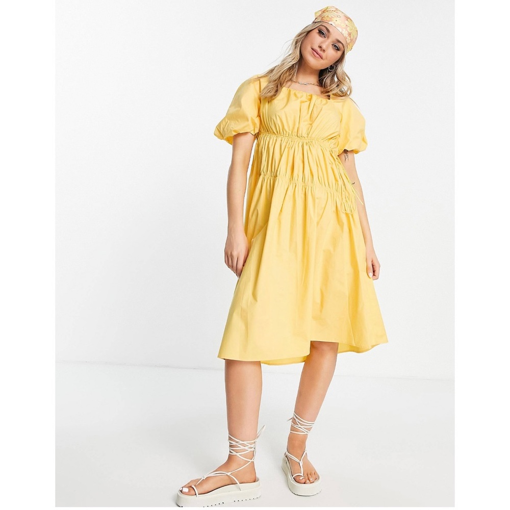 ASOS Urban Revivo ruched front midi dress in yellow